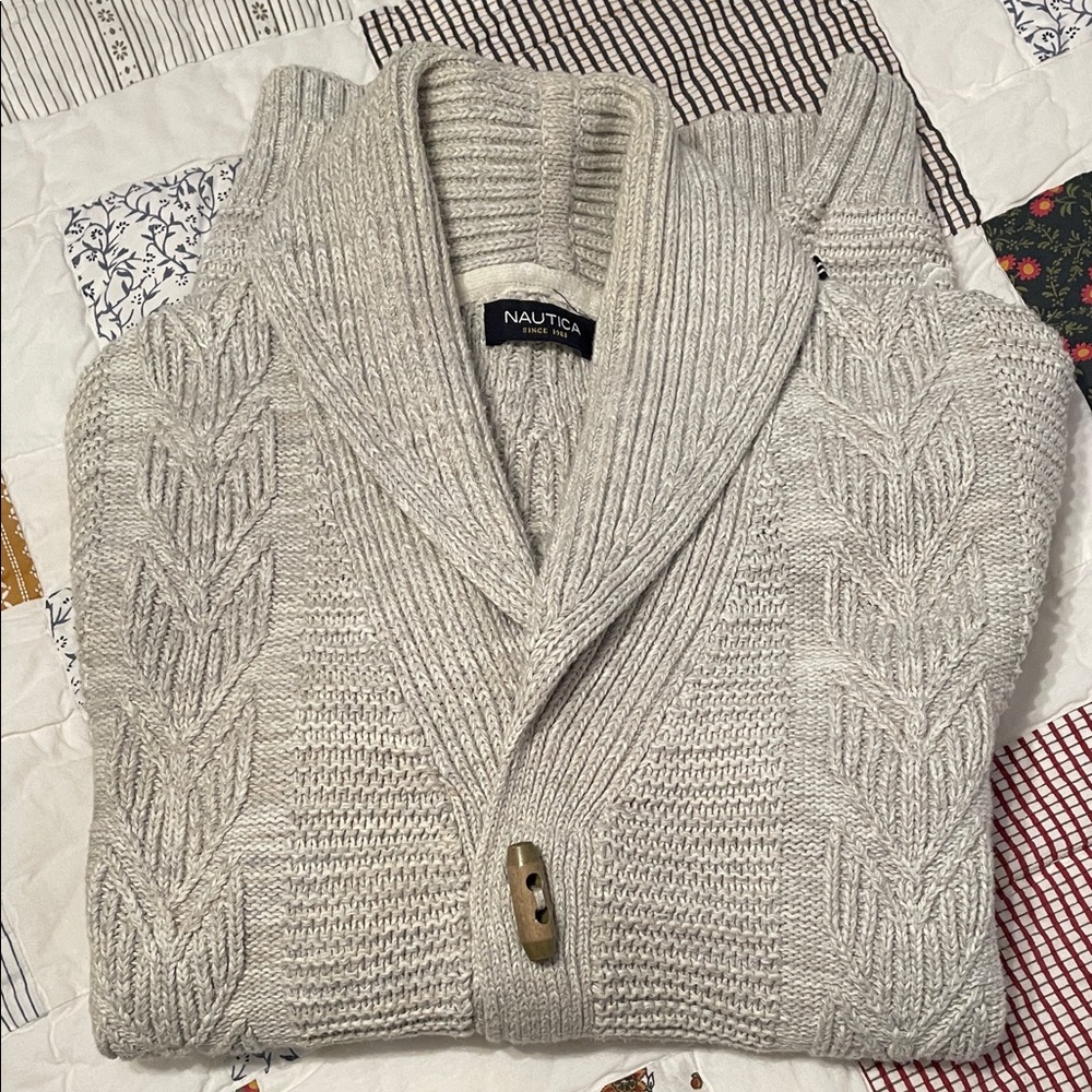 Nautica Men's Khaki Cable Knit Shawl Collar Cardigan w/brown wooden buttons